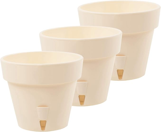 DECOPOTS - Pack of 3 - Self Watering Planter - Height 6.9 inches - Flower Pot with Bottom Watering Level Indicator for All House Plants, Flowers, Herbs (Diameter 6.9", Cream)