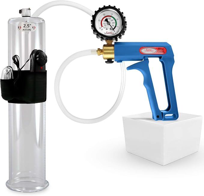 LeLuv Vibrating Penis Pump Maxi Blue Handle + Protected Gauge - Bundle with Clear Hose - 12 inch Length x 2.50 inch Diameter Cylinder