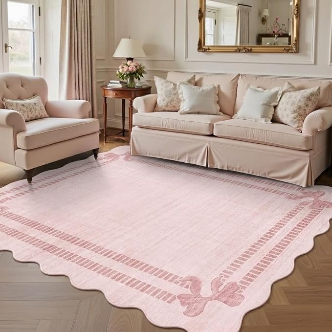 Latte&Fog Girls Bedroom 5x7 Pink Rug, Scalloped Bow Area Rugs Living Room | Non Slip Low Pile Soft Floral Cute Carpet for Dining Kitchen Kids Playroom Nursery Guest Room Classroom Dorm Farmhouse Office