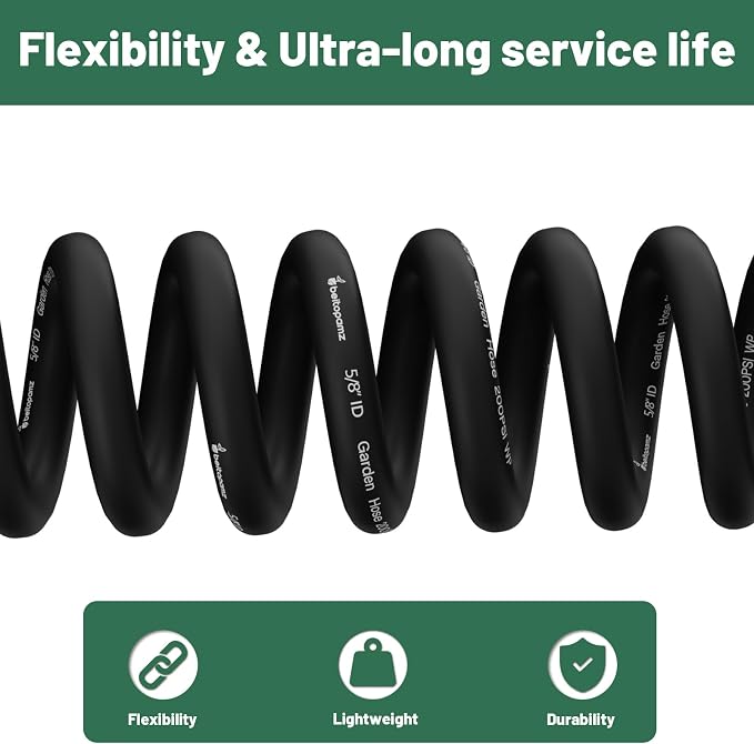Beitopamz 150 ft Garden Hose, 5/8 in Heavy Duty Water Hose, Flexible and Durable, Lightweight Rubber Hybrid Hose, Leak-Free Connections, Male to Female 3/4'' Brass Fittings for Patio, Lawn, Black