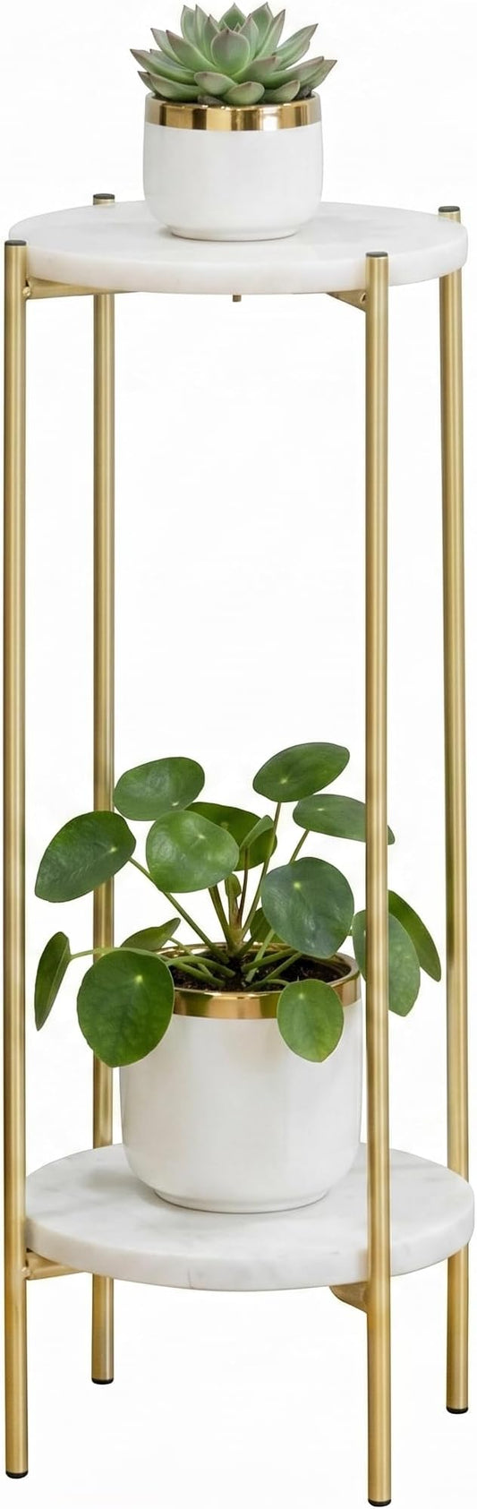 Gold Plant Stand Indoor Tall - 2 Tier White Marble Top Side Table, 29.5 Inch Modern Round Metal End Table for Living Room Corner, Small Bedside Tables for Entryway & Bedroom (11x11, Gold)