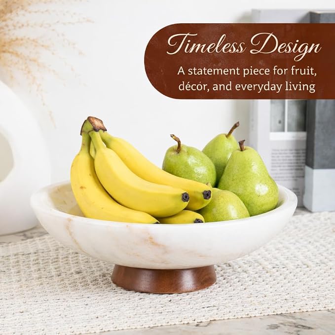 Decorative Marble Bowl White - Handcrafted Natural Stone on Acacia Wood Pedestal - Versatile 10" Catch‑All Centrepiece for Home Decor - Entryway, Dining Table, Kitchen Fruit Bowl, Key Holder (White)