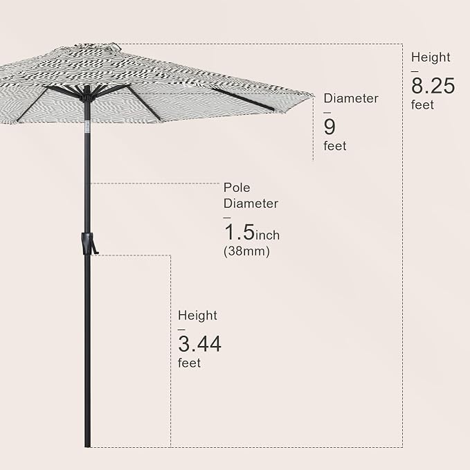 Tempera Striped Patio Umbrellas Outdoor Table Market Umbrellas with Crank & Pust Button Tilt|Auto-Tilt, 8 Steel Ribs, High Color-Fastness Canopy
