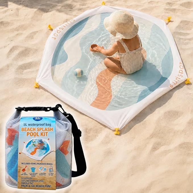 SUNSPOT 5ft Kids Beach Pool – Portable In-Ground Sand Liner with 8 Anchors, Fun Filling Bucket & Travel Carry Bag. The Ultimate Pop-Up Wading Splash Pool for Toddlers and Infants (Funky Waves)
