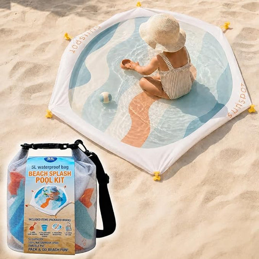 SUNSPOT 5ft Kids Beach Pool – Portable In-Ground Sand Liner with 8 Anchors, Fun Filling Bucket & Travel Carry Bag. The Ultimate Pop-Up Wading Splash Pool for Toddlers and Infants (Funky Waves)