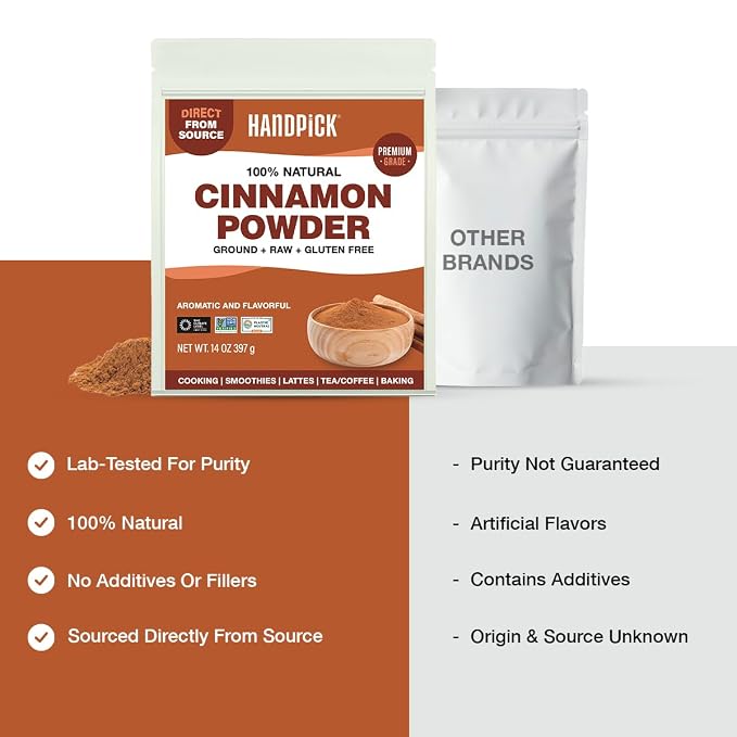 HANDPICK, Cinnamon Powder (397g/14oz) Non GMO, Gluten Free, 100% Raw, Sourced from South India, For Cooking, Smoothies, Lattes, Tea, Packed in Resealable Ziplock Pouch
