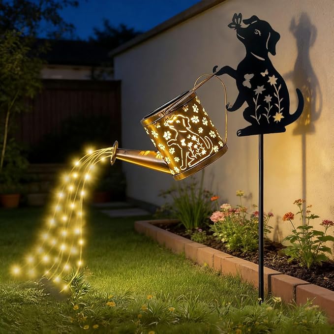 Outdoor Dog Statue Solar Watering Can with Lights, Complete with Netal Dog Silhouette Garden Stake. Ldeal for Garden, Lawn and Courtyard Decoration, A Unique Gift for Mothers and Women.