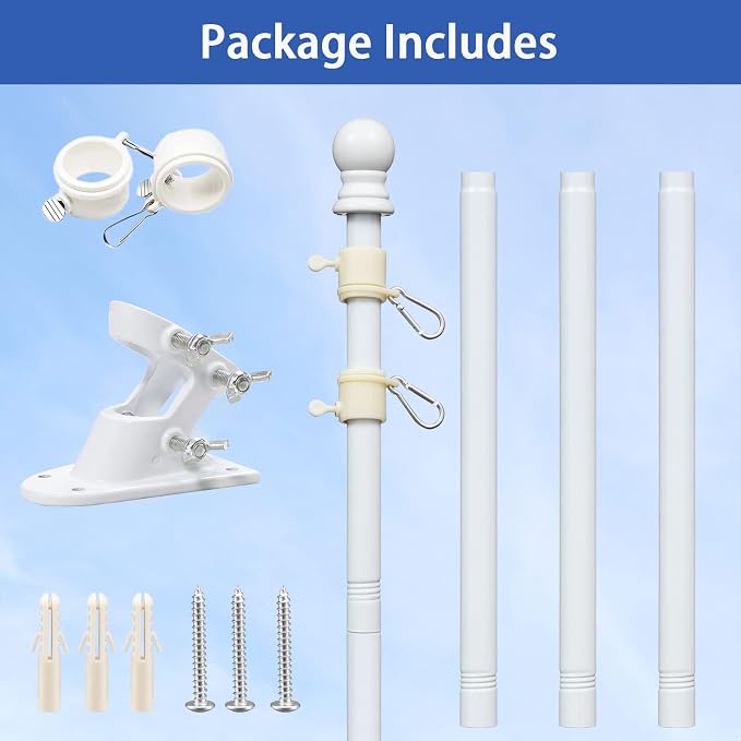 5ft Stainless Steel Flag Pole for House, Tangle Free Design with Two-Position Bracket, White, for 3x5 American Flag, Outdoor Use