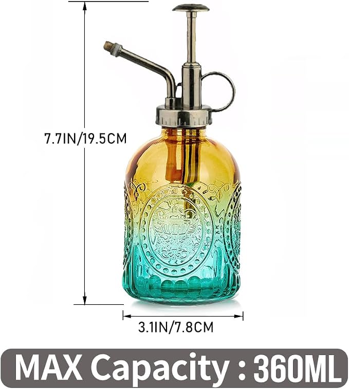 35 oz/1000 ml Metal Indoor Small Watering Can with Long Spout for House Plants Decorative, 12 oz/360 ml Glass Plant Mister Spray Bottle for Bonsai Garden Flowers(Green)