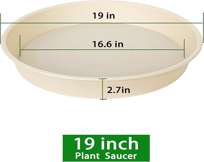 4 Pack of 18 19 inch Plant Saucer Drip Tray (16.6 inch Base), Heavy Duty Deep Plant Saucers for Pots, Plastic Flower Planter Water Trays for Indoors Outdoor (19", Beige)