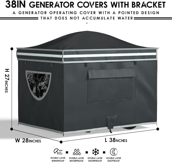 Generator Covers While Running, Generator Tent With Bracket, 38X28X27 inches, Roof Design Without Water Accumulation,1680D Marine Canvas Production+Heavy-Duty Stainless Steel Bracket, Black