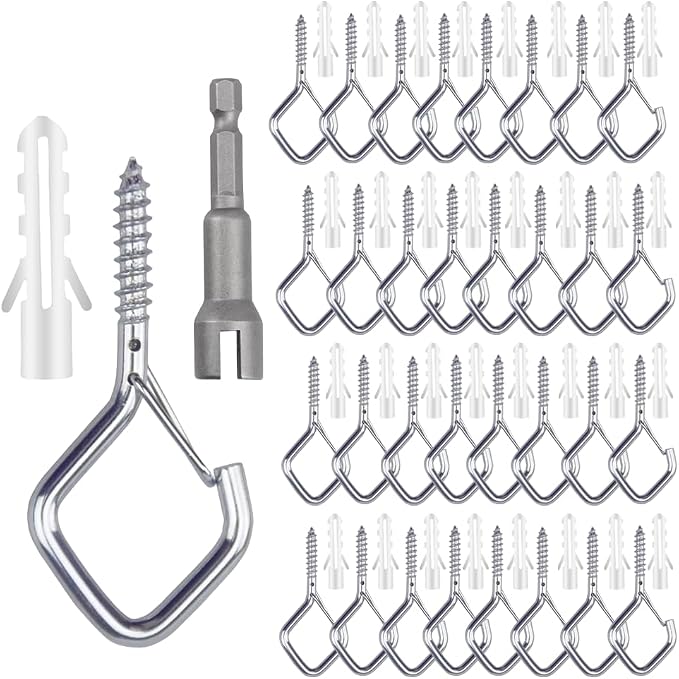 52-Pack Heavy-Duty Silver Screw Eye Hooks with Safety Clips | Metal Ceiling Hooks for Hanging Plants, Wind Chimes, Bird Feeders & Indoor/Outdoor Lights