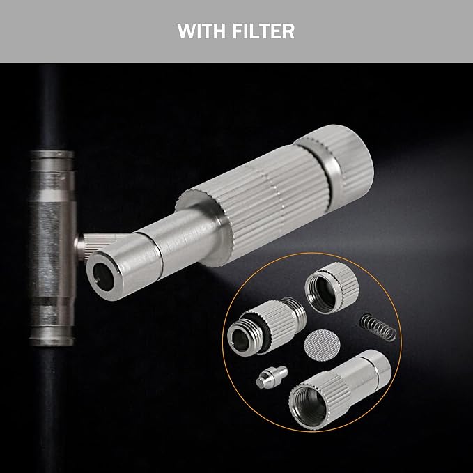 20pcs Brass Mister Nozzles, 6mm Misting Nozzles for Outdoor Cooling System, Landscaping, Air Humidification, Greenhouse Irrigation (with Filter, 0.004"/0.1mm Orifice)
