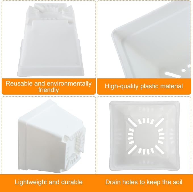 Amyhill 100 Pcs 4 Inch Flower Pots Square Plants Nursery Pot Plastic Plant Seedling Pots Small Nursery Transplanting Planter Container with Saucer for Indoor Succulent Balcony Garden (White)
