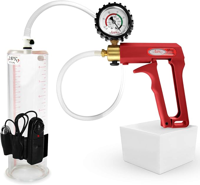 LeLuv Vibrating Penis Pump Maxi Red Handle + Protected Gauge and Clear Hose - 9 inch Length x 2.875 inch Diameter Cylinder