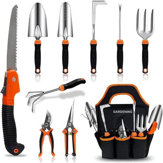 Garden Tool Set, 10 PCS Stainless Steel Heavy Duty | Soft Rubberized Non-Slip Ergonomic Handle, Storage Tote Bag, Gifts for Women and Men