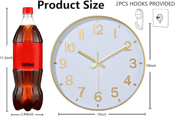 Modern Wall Clock, 10 Inch Digital Wall Clocks Battery Operated, Round Non Ticking Silent Analog Clock for Bedroom Living Room Kitchen Office Gym Classroom Decor, Gold Battery Clock
