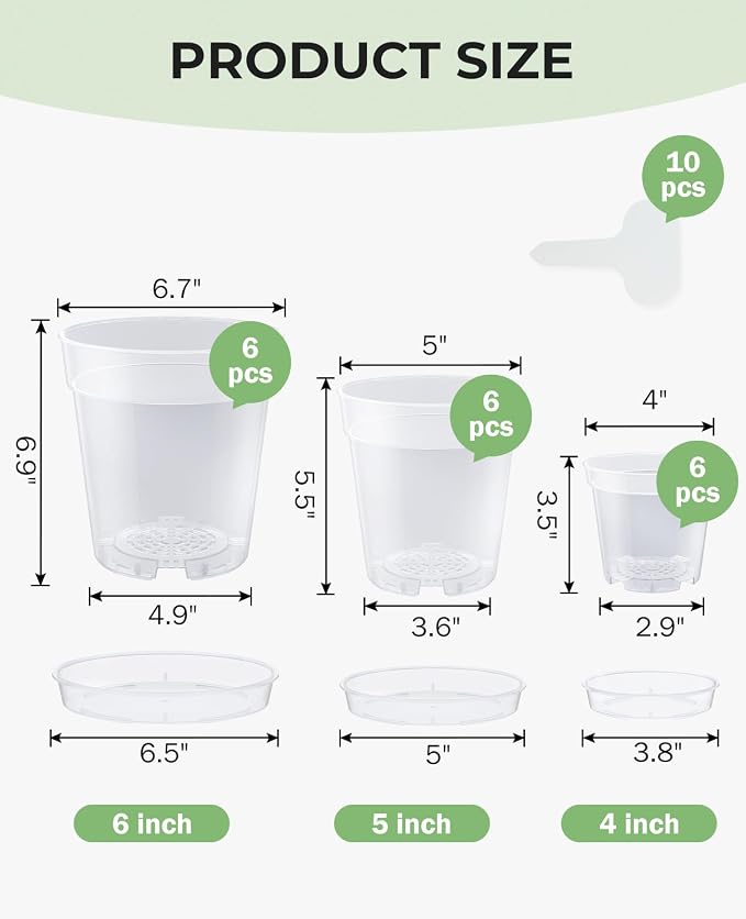 homenote 4/5/6.7 Inch Clear Nursery Pots 18 Pack with Drainage and Plant Saucers, Variety Pack Rigid High-Transparency Plastic Nursery Pots for Plants, Planter Nursery Pots with Drainage Holes