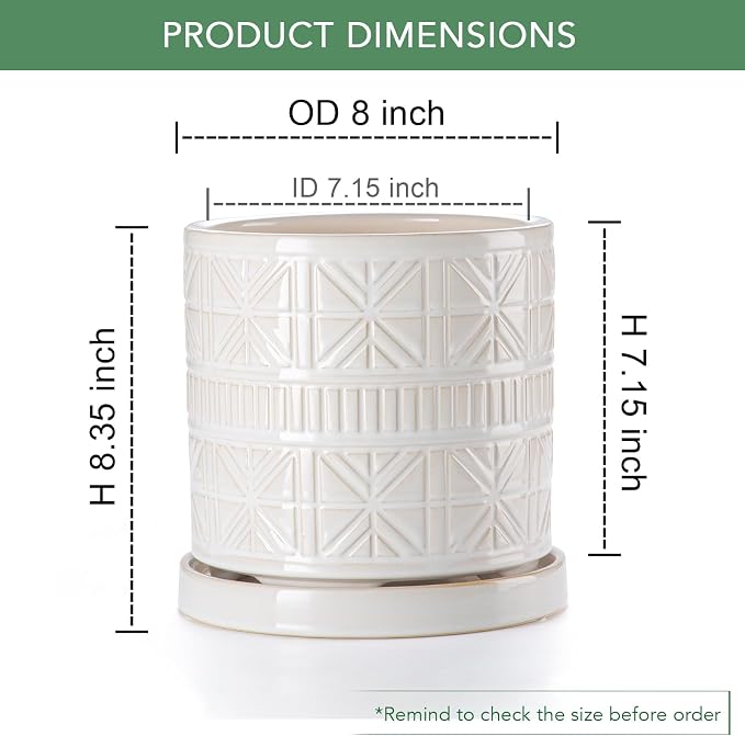 Ceramic Plant Pots Indoor-Outdoor: 8 Inch Embossed Planters with Drainage Hole & Saucer - Modern Decorative Flower Pots for Home Garden Patio Office Decor