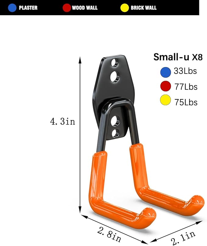 3-H Heavy Duty Garage Wall Hooks 8 Pack, 4.3 Inch Same Size, Anti-Slip PVC Coating Wall Mount Garage Storage Hooks for Ladders, Yard Tools, Shovel, Weed Eater, Hoses,Orange