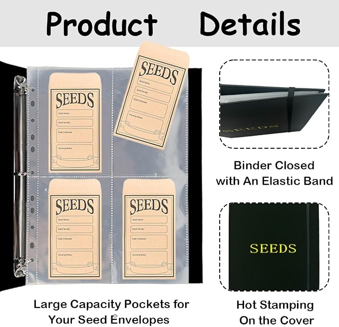 Extra Large Seed Storage Organizer Binder,3 Ring Seed Packet Organizer with 200 Pockets(50 Pack Clear Sheet Protectors), Garden Seed Holder Book for Envelopes, Seed Saving Keeper, Black