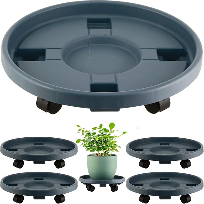 5 Pakcs Large Plant Caddy with Wheels 15.8" Rolling Plant Stands Heavy-duty Plastic Plant Roller Base Pot Movers Plant Saucer on Wheels Indoor Outdoor Plant Dolly with Caster Tray Coaster Grey