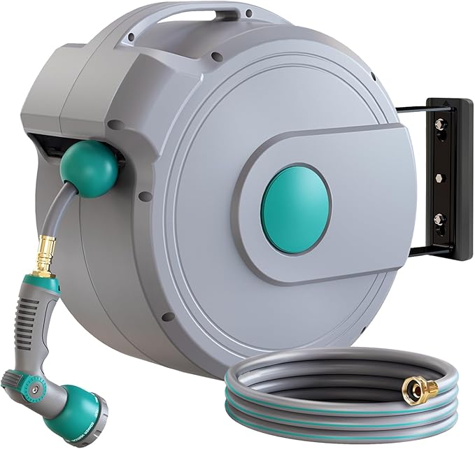 Retractable Garden Hose Reel 100 ft x 1/2" | Any Length Lock & 180°Swivel | All-weather Garden Hose Reel Wall Mount for Outside, Retractable Hose with 10-Pattern Nozzle for Cleaning, Watering