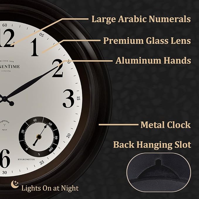 PresenTime & Co 24" Jameson Illuminated In/Outdoor Clock, Modern Farmhouse, Self-Illuminated, Waterproof, Weather Station (Thermometer & Hygrometer), Metal Clock, Oil Rubbed Bronze Finish(Night Light)