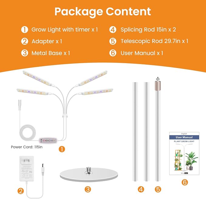 Kullsinss Grow Lights for Indoor Plants, 4-Head Full Specturm Plant Grow Light with 4/8/12/16H Timer, 3 Color Modes, 5 Brightness, 24-68.7in Height Adjustable Floor Growing Lamp for Tall Large Plants