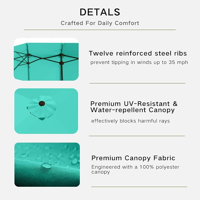Kingdura 13ft Large Patio Umbrella with Base Included, Double-Sided Rectangle Outdoor Table Umbrella with 12 Reinforced Ribs, Crank Lift for Market Pool Deck Backyard, Tiffany blue