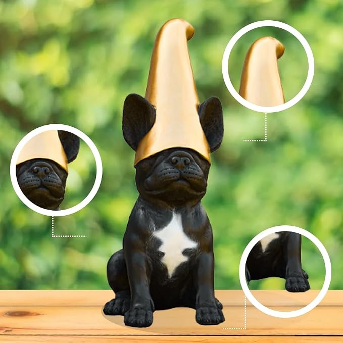 Frenchie Gnome - Black Frenchie Statue with Gold Hat | Doodle Gnome Cute French Bulldog Decor Garden Gnome