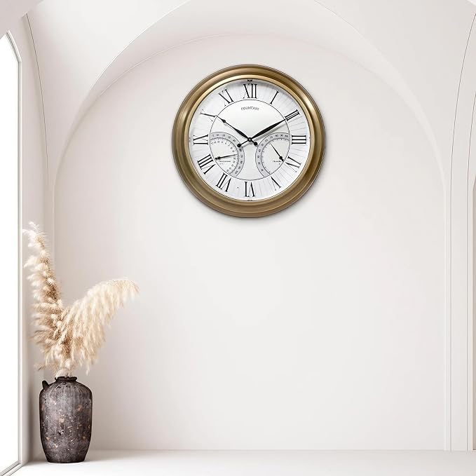 24 Inch in/Outdoor Wall Clock with Temperature and Humidity Combo, Large Outdoor Clock for Patio Large Waterproof with Thermometer,Antique Hamilton Gold Metal