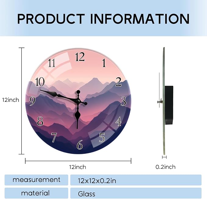 Britimes Round Wall Clock Silent Non-Ticking Battery Operated Outdoor Waterproof Glass Clock 12 Inch, Mountain Home Decor for Living Room, Kitchen, Bathroom, Bedroom, and Office