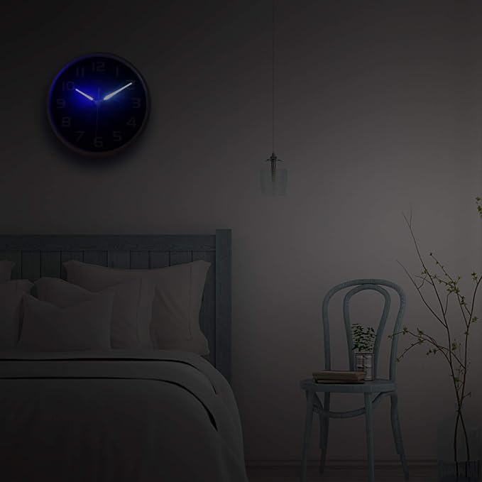HITO 12 Inch Night Light Wall Clock Battery Operated Brightness Adjustable, Metal Frame, Glass Cover(Hands Illuminate)