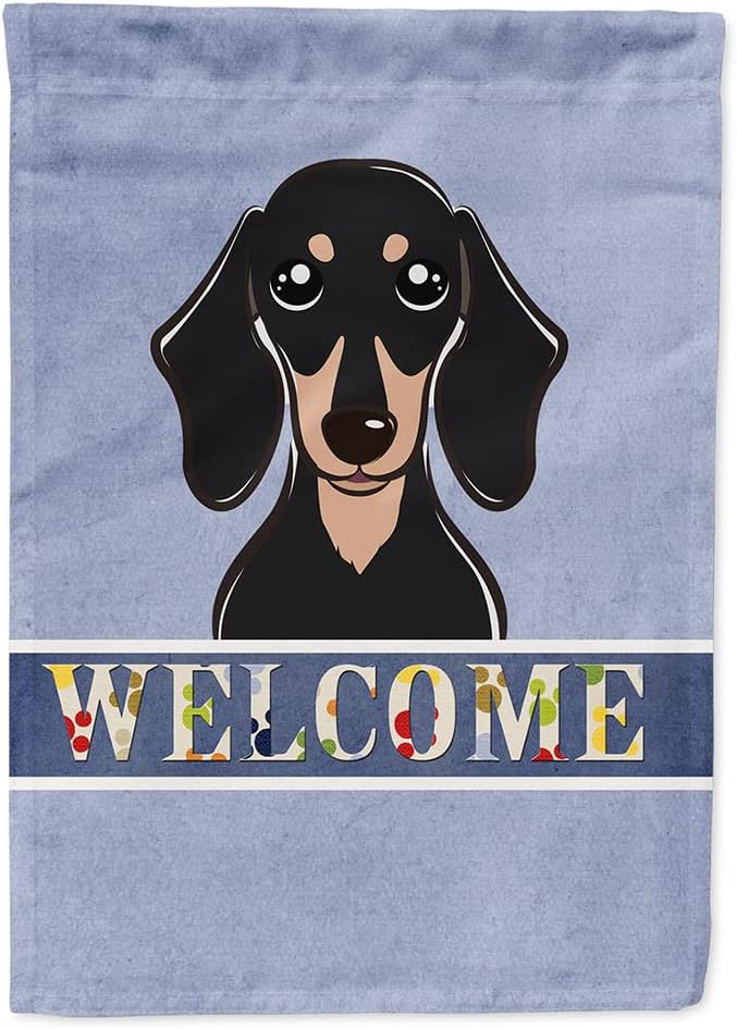 Caroline's Treasures BB1401CHF Smooth Black and Tan Dachshund Welcome House Flag, Blue Large Porch Sleeve Pole Decorative Outside Yard Banner Artwork Wall Hanging, Polyester, House Size, Multicolor