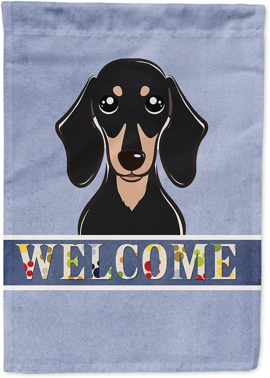 Caroline's Treasures BB1401CHF Smooth Black and Tan Dachshund Welcome House Flag, Blue Large Porch Sleeve Pole Decorative Outside Yard Banner Artwork Wall Hanging, Polyester, House Size, Multicolor