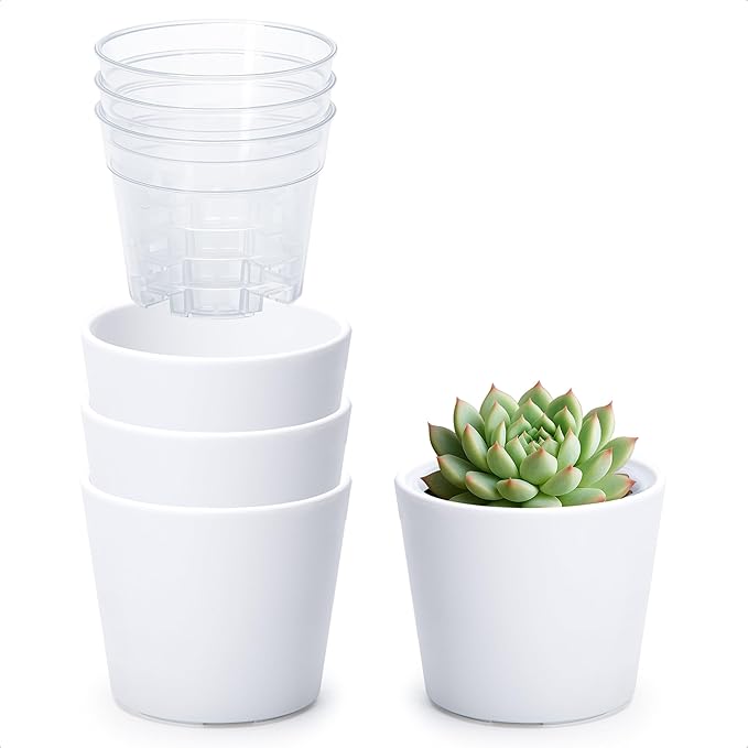 Phoenix Vine 3.5 Inch White Plastic Cachepot with Clear Nursery Pot, Decorative Lightweight Planter Cover with Transparent Inner Pot for Indoor Houseplants, Pack of 4, 24-A-D-4