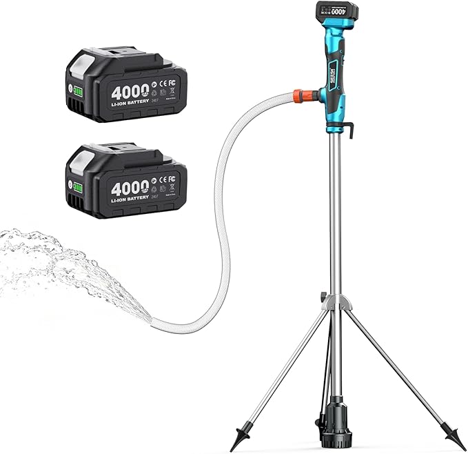 SEESII Cordless Stick Water Transfer Pump with Tripod Stand Hands-free, Portable Submersible Water Pump 720GPH & 2 x 4.0Ah Batteries, 32FT Lift for Pool Draining Boat Bilge Garden Rain Barrel Basement