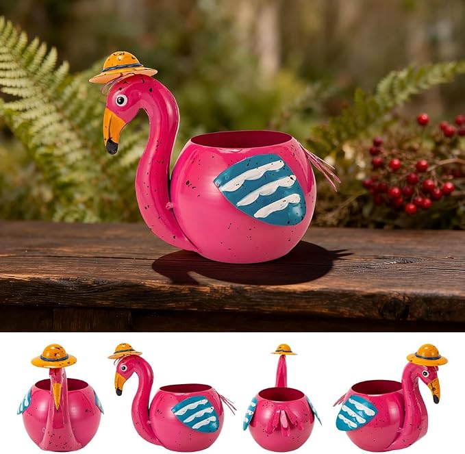Flamingo Planter Small Succulent Pots Metal Animal Planters | Decorative Flower Pot Pink Flamingo Decorations for Indoor Outdoor Garden Statues Yard Art Charming Home Décor