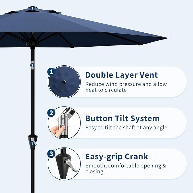 GarveeLife 10FT Umbrella Outdoor Patio, Table Umbrella with Push Button Tilt and Crank, 8 Sturdy Ribs Waterproof UV Protection for Garden, Pool, Deck, Backyard, Market (Navy Blue)