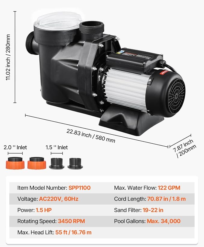VEVOR Above Ground Pool Pump, 1.5HP, Self Priming Single Speed Swimming Pool Pump, 220V 3450 RPM 55 ft Max Head Lift with PP Shell Strainer Basket, 122°F Max Water Temp, for Hot Tubs Spas, No Plug