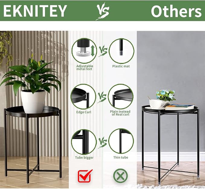 EKNITEY Small Side End Table - Metal Side Table Waterproof Small Sofa Coffee Side Tables Bedroom Indoor Outdoor with Removable Tray for Living Room Bedroom Balcony and Office
