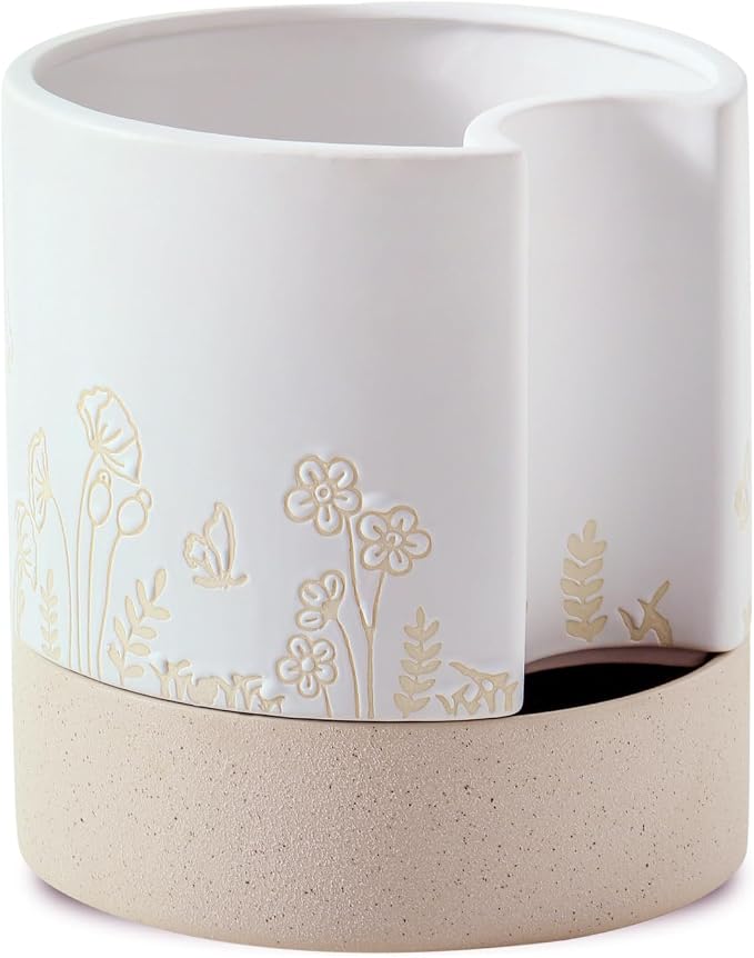 Nihow Self Watering Pots for Indoor Plants,8 Inch,White & Nature | Hand Painting,Ceramic Planter, Drainage Hole & Water Storage Plus, Cylinder Round Flower Pot, For Succulent/Herbs/Violets
