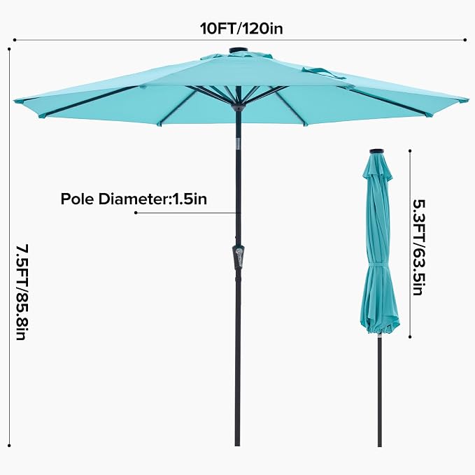 NEWBULIG 10ft Solar Patio Umbrella with 32 LED Lights, Table Market Umbrella with Tilt Adjustment & Crank Lift, Outdoor Sun Umbrella for Garden, Deck, Backyard, Pool and Beach