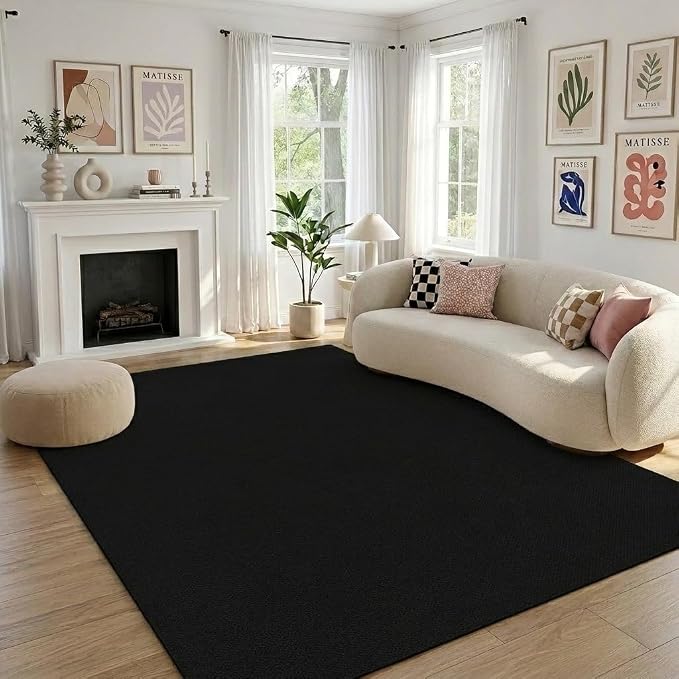 Garvee Large Living Room Rug 10x13 Solid Color Area Rugs for Bedroom,Black | Non Slip Backing Washable Stain Resistant Non Shedding Textured Neutral Weaving Low Pile Rugs for Nursery Dining Room