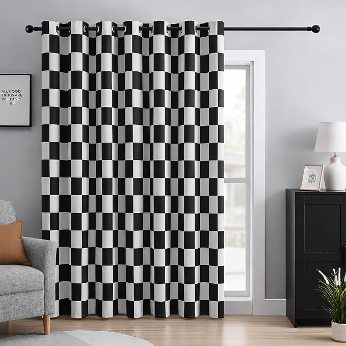 Black and White Checkered 100% Blackout Sliding Door Curtains, Thermal Insulated Noise Reducing Room Divider Curtain for Patio Door, Wide Drapes, 1 Panel, W100×L96