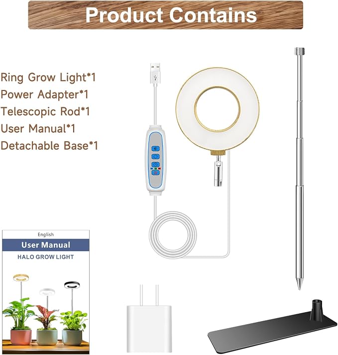 Aokrean Grow Lights for Indoor Plants Growing, Full Spectrum with Base | 48 LEDs Wood Grain 1-Pack, 2 Installation Ways, 6.5-26 in Height Adjustable, 3 Lighting Modes, Timer 6/12/16Hrs,5 Brightness