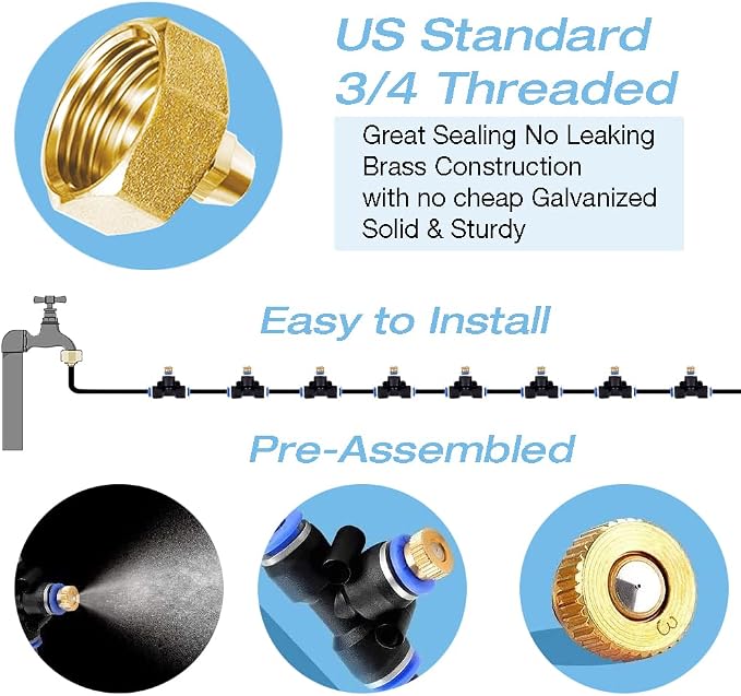 H&G lifestyles Patio Mister, Outddor Misters for Outside Patio,Water Misters for Cooling,59FT Misting System for Green House,20 Brass Mister Nozzles,Fits 3/4" GHT Garden Hose,for Backyard Trampoline