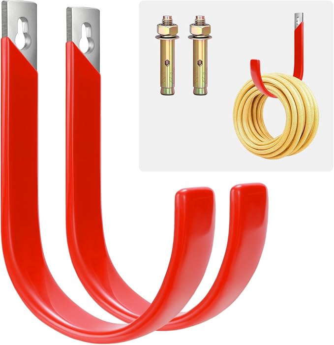 Metal Garage Hooks, Hose Holder Wall Mount for Outside, Heavy Duty Hose Hanger Hook for Water Hoses Outdoor Organizer Study Rack for Garden Hoses, 2 Pack-Red