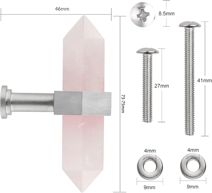 mookaitedecor Set of 2 Rose Quartz Double Crystal Points Drawer Knobs with Screws, Decorative Stone Cabinet Handle Pulls for Dresser Cupboard Kitchen Decor, Brushed Stainless Steel